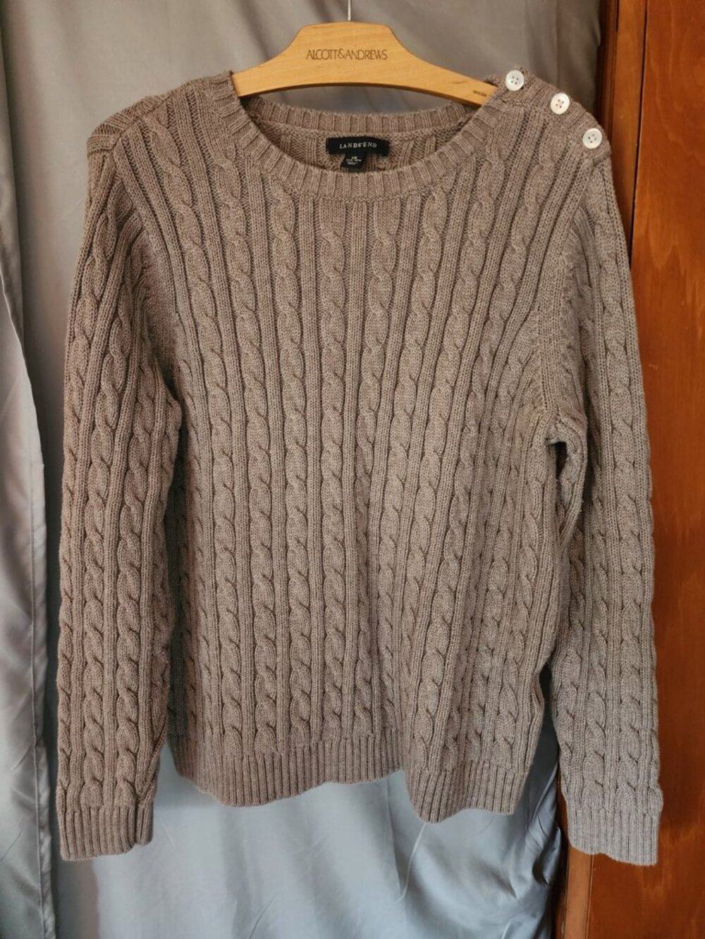 Lands’ End Cable Knit Cotton Button Shoulder Sweater 1X